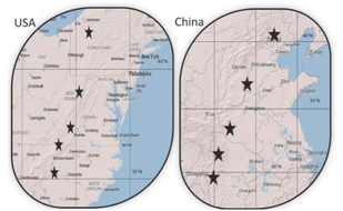 Markers indicate study plots in the eastern US and China. Transects span similar latitudes and have similar climates.